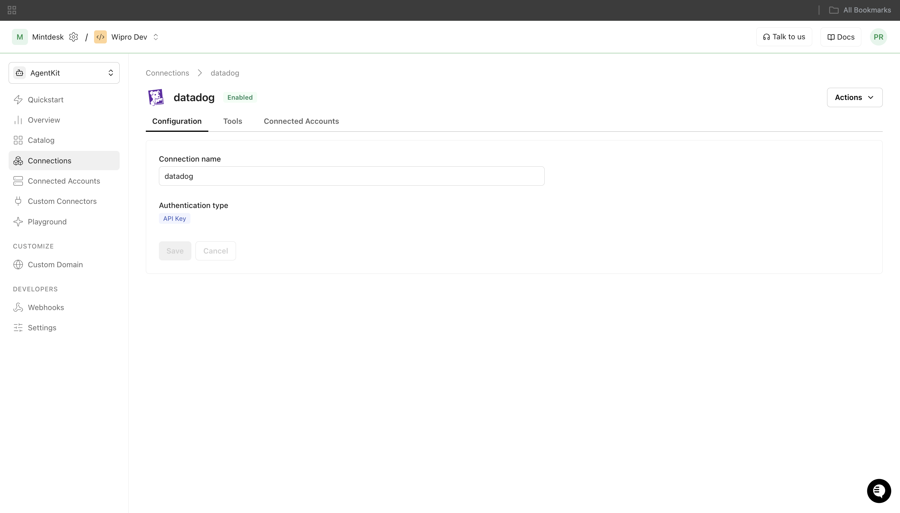 Scalekit connection configuration for Datadog showing connection name and API Key authentication type