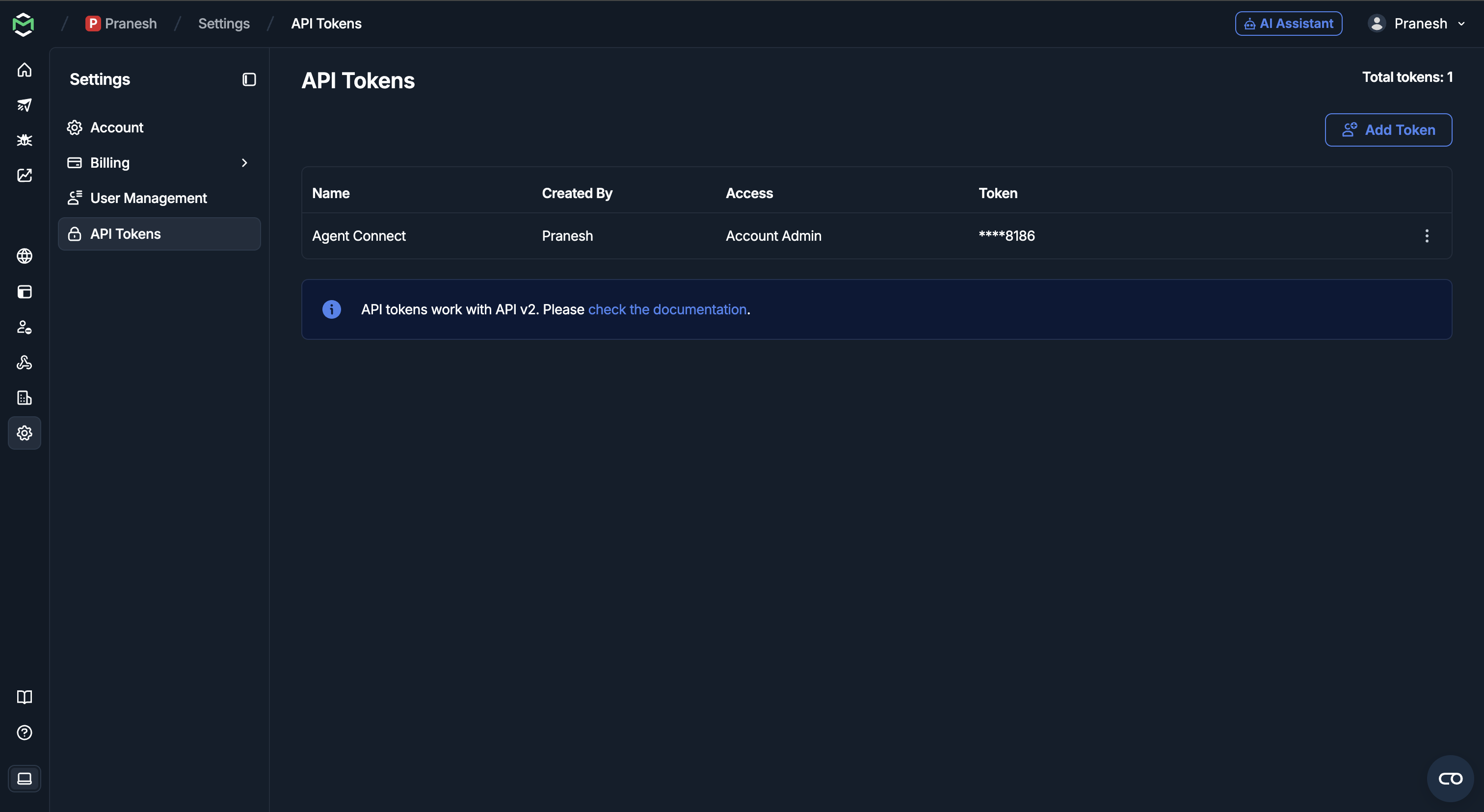Mailtrap API Tokens settings page showing an existing token and the Add Token button