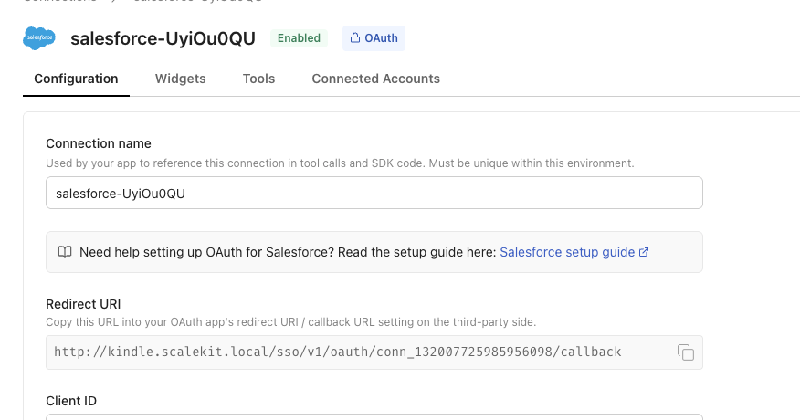 Scalekit dashboard — Salesforce connection page showing the redirect URI to copy