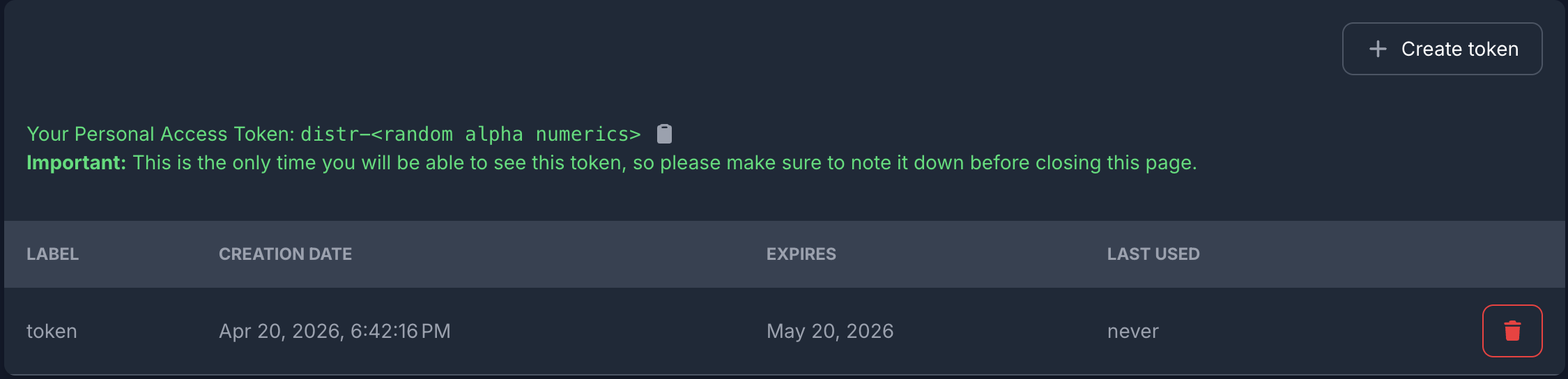 Token displayed after creation: copy it now